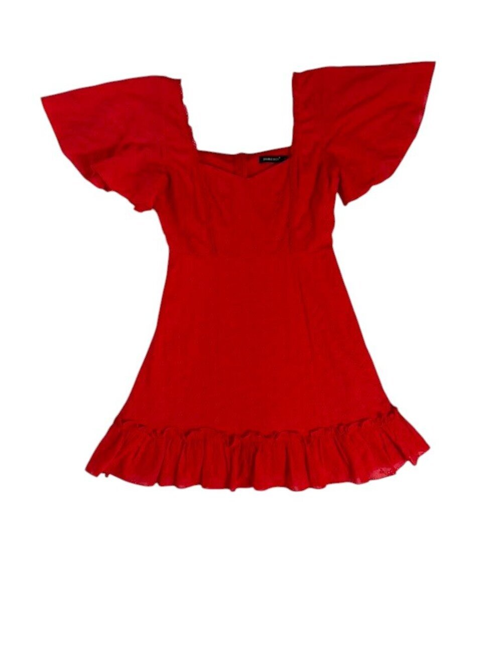 Double Crazy Red Mini Dress Women's Size S 100% Cotton Ruffle Flutter Sleeve.